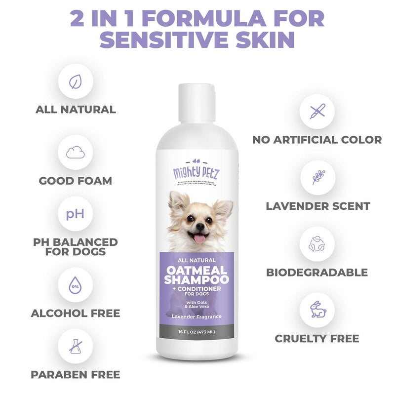 Mighty Petz 2-in-1 Oatmeal Dog Shampoo and Conditioner â€“ 16 oz Natural Support for Allergies, Itchy Sensitive Skin. Moisturizing & pH Balanced for Dogs with Oatmeal and Aloe Vera - Image 3